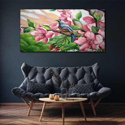 Tableau toile imprimée Un oiseau sur fond de fleurs printanières