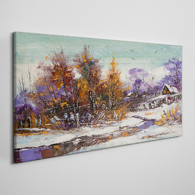 Tableau toile imprimée Paysage d'hiver avec une maison dans la forêt