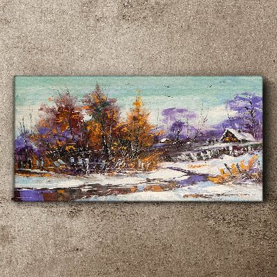 Tableau toile imprimée Paysage d'hiver avec une maison dans la forêt