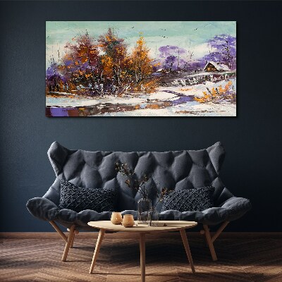 Tableau toile imprimée Paysage d'hiver avec une maison dans la forêt