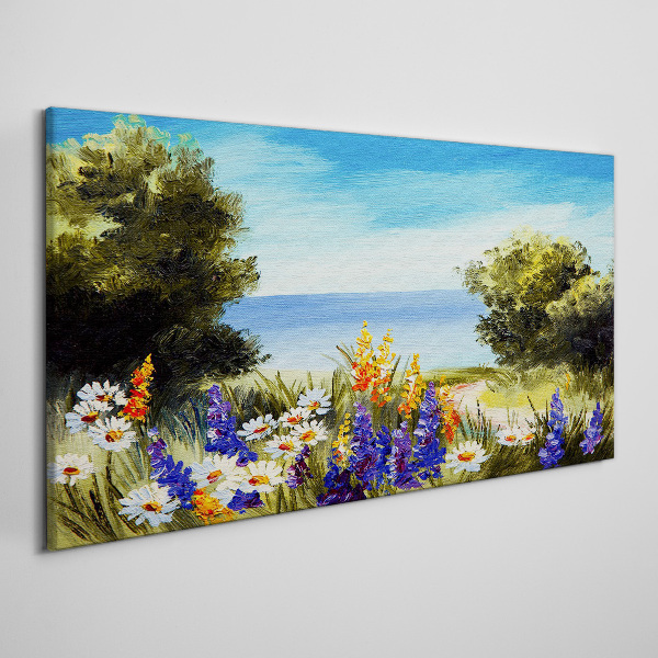 Tableau toile imprimée Paysage avec des fleurs au bord de la mer