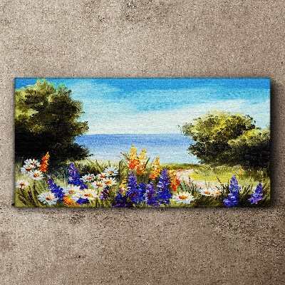 Tableau toile imprimée Paysage avec des fleurs au bord de la mer