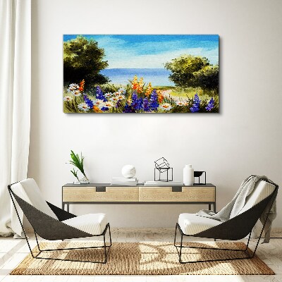 Tableau toile imprimée Paysage avec des fleurs au bord de la mer