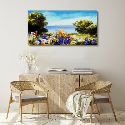 Tableau toile imprimée Paysage avec des fleurs au bord de la mer
