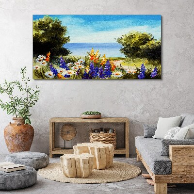 Tableau toile imprimée Paysage avec des fleurs au bord de la mer