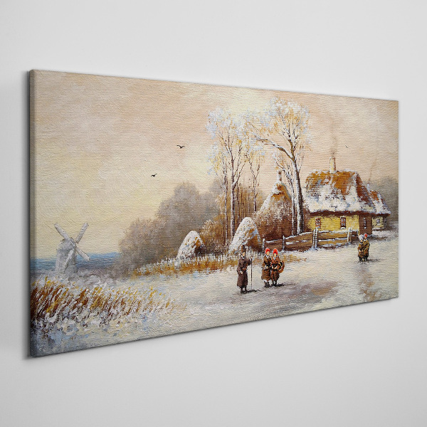 Tableau sur toile Paysage d'hiver avec un chalet et le vent