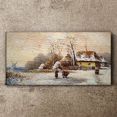Tableau sur toile Paysage d'hiver avec un chalet et le vent