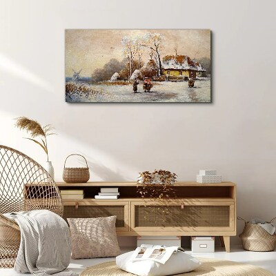 Tableau sur toile Paysage d'hiver avec un chalet et le vent