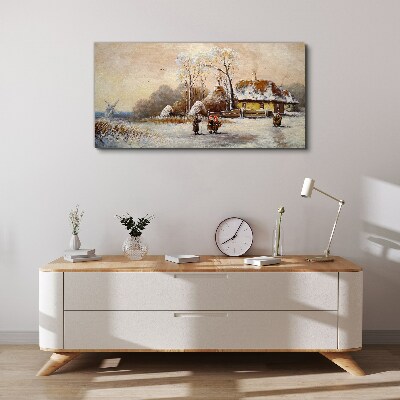 Tableau sur toile Paysage d'hiver avec un chalet et le vent