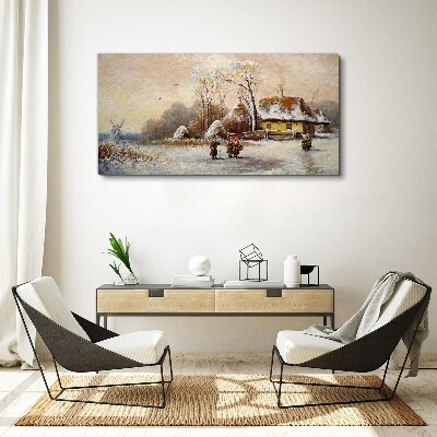 Tableau sur toile Paysage d'hiver avec un chalet et le vent