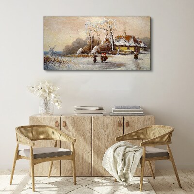 Tableau sur toile Paysage d'hiver avec un chalet et le vent