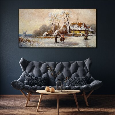 Tableau sur toile Paysage d'hiver avec un chalet et le vent