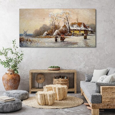 Tableau sur toile Paysage d'hiver avec un chalet et le vent