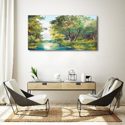 Tableau imprimé sur toile Un paysage forestier paisible au bord de l'eau