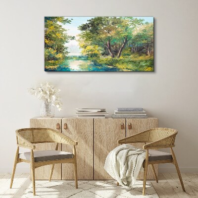 Tableau imprimé sur toile Un paysage forestier paisible au bord de l'eau