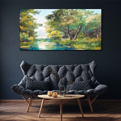 Tableau imprimé sur toile Un paysage forestier paisible au bord de l'eau