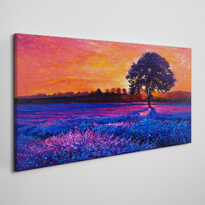 Tableau toile imprimée Coucher de soleil sur un champ violet
