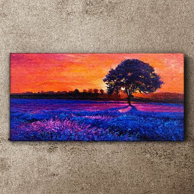 Tableau toile imprimée Coucher de soleil sur un champ violet