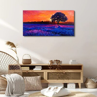 Tableau toile imprimée Coucher de soleil sur un champ violet
