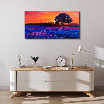 Tableau toile imprimée Coucher de soleil sur un champ violet