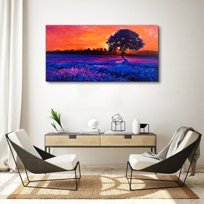 Tableau toile imprimée Coucher de soleil sur un champ violet