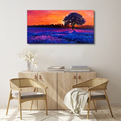 Tableau toile imprimée Coucher de soleil sur un champ violet