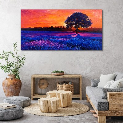 Tableau toile imprimée Coucher de soleil sur un champ violet