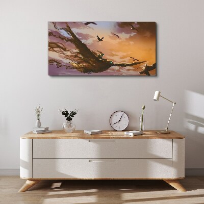 Tableau toile imprimée Vol d'oiseaux au soleil couchant