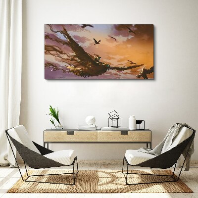 Tableau toile imprimée Vol d'oiseaux au soleil couchant