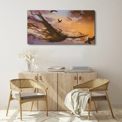 Tableau toile imprimée Vol d'oiseaux au soleil couchant