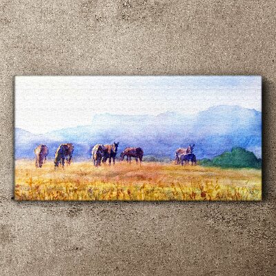 Tableau imprimé sur toile Un grand troupeau de chevaux dans le pré