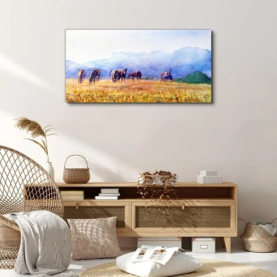 Tableau imprimé sur toile Un grand troupeau de chevaux dans le pré