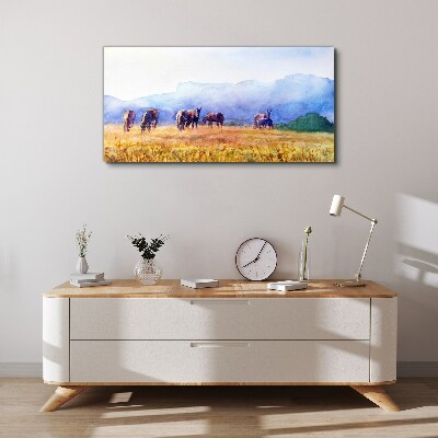 Tableau imprimé sur toile Un grand troupeau de chevaux dans le pré