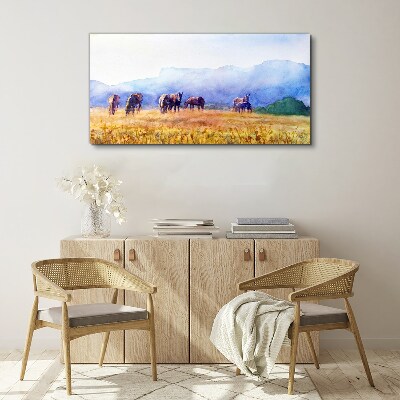 Tableau imprimé sur toile Un grand troupeau de chevaux dans le pré