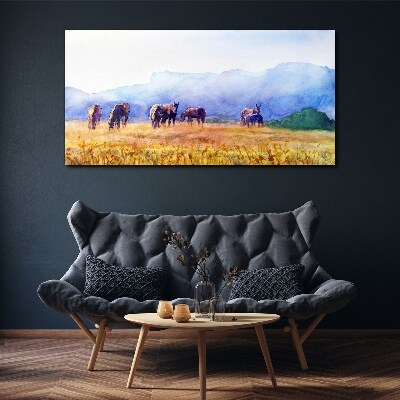 Tableau imprimé sur toile Un grand troupeau de chevaux dans le pré