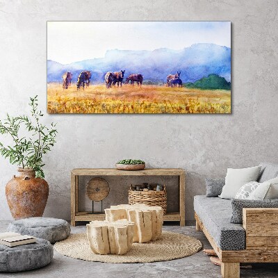 Tableau imprimé sur toile Un grand troupeau de chevaux dans le pré