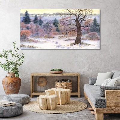 Tableau imprimé sur toile Paysage d'hiver avec un arbre solitaire