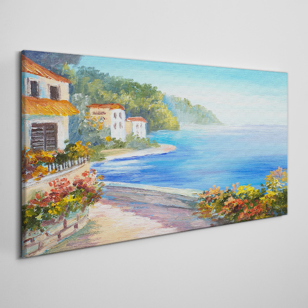 Tableau toile imprimée Paysage de bord de mer avec des maisons colorées