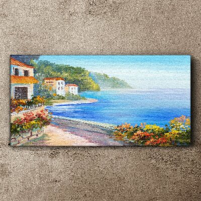 Tableau toile imprimée Paysage de bord de mer avec des maisons colorées