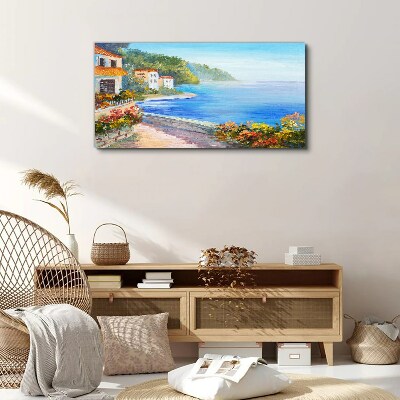 Tableau toile imprimée Paysage de bord de mer avec des maisons colorées