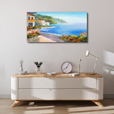 Tableau toile imprimée Paysage de bord de mer avec des maisons colorées