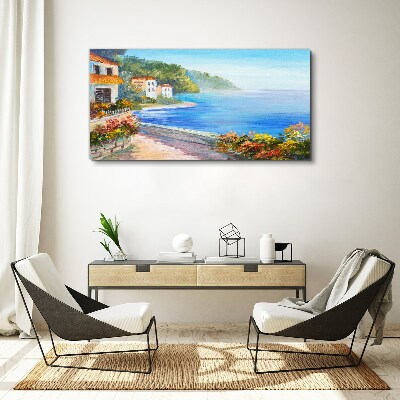 Tableau toile imprimée Paysage de bord de mer avec des maisons colorées
