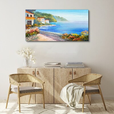 Tableau toile imprimée Paysage de bord de mer avec des maisons colorées