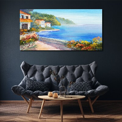Tableau toile imprimée Paysage de bord de mer avec des maisons colorées
