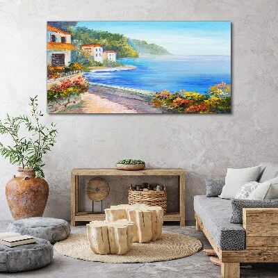 Tableau toile imprimée Paysage de bord de mer avec des maisons colorées