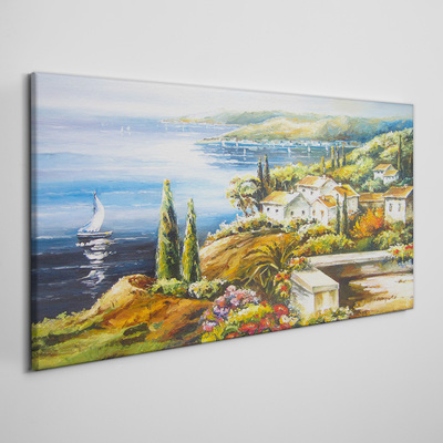 Tableau sur toile Paysage de bord de mer avec un voilier