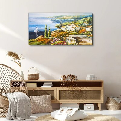 Tableau sur toile Paysage de bord de mer avec un voilier