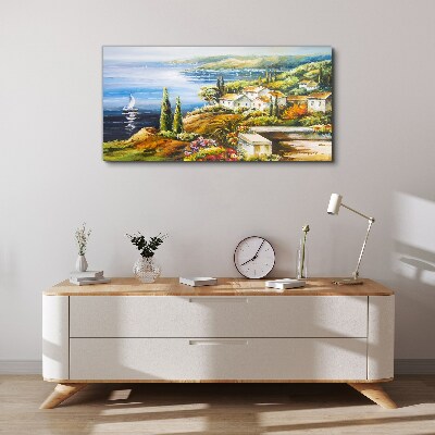 Tableau sur toile Paysage de bord de mer avec un voilier