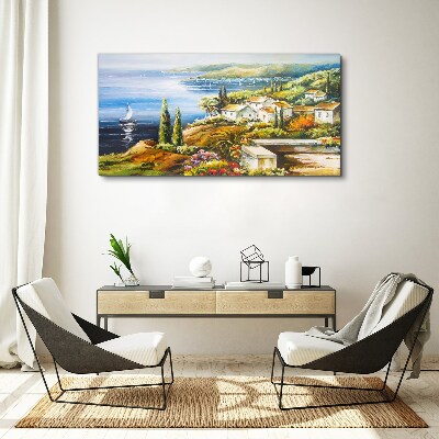 Tableau sur toile Paysage de bord de mer avec un voilier