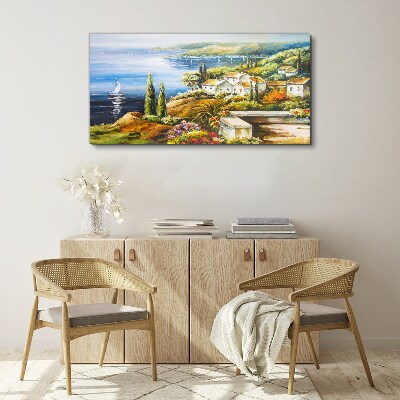 Tableau sur toile Paysage de bord de mer avec un voilier